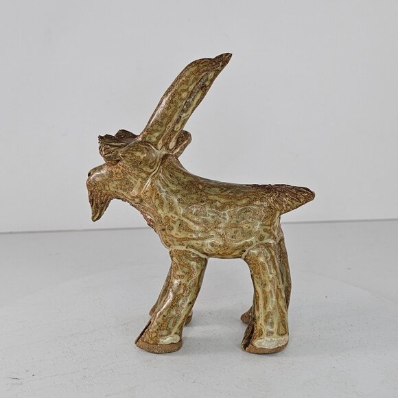 Handcrafted Pottery Goat Figurine With Textured Glaze For Rustic Decor Signed JB - Picture 4 of 8